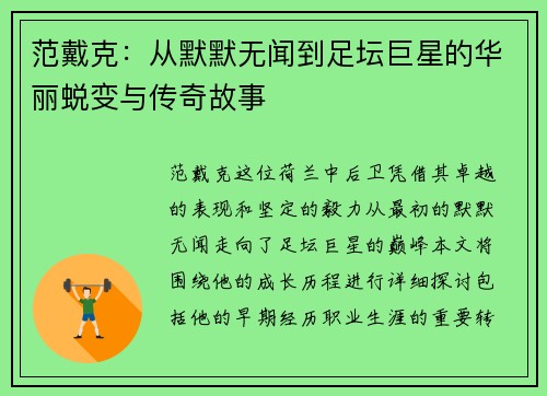 范戴克：从默默无闻到足坛巨星的华丽蜕变与传奇故事